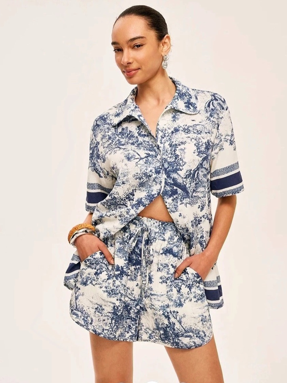 Commense Printed Contrast Trim Shorts Set Floral Blue & White XL